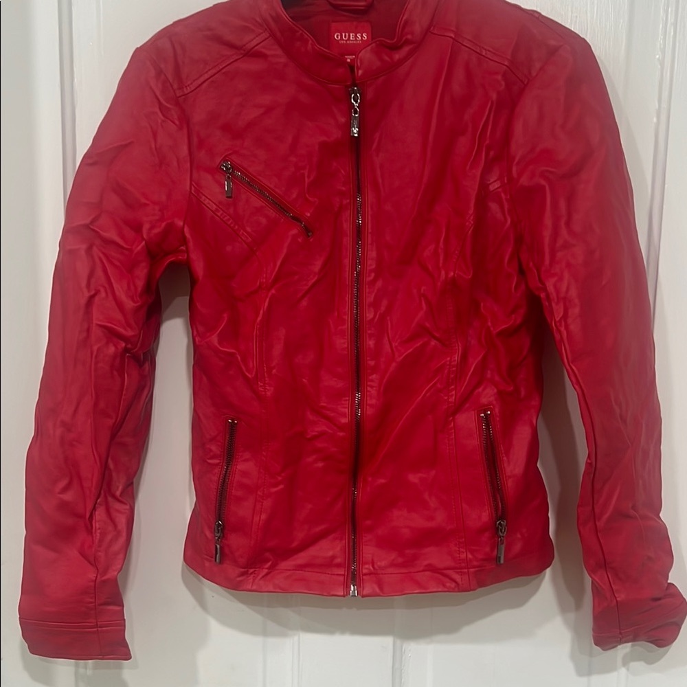 Guess Red Leather Jacket Streamlined Design
